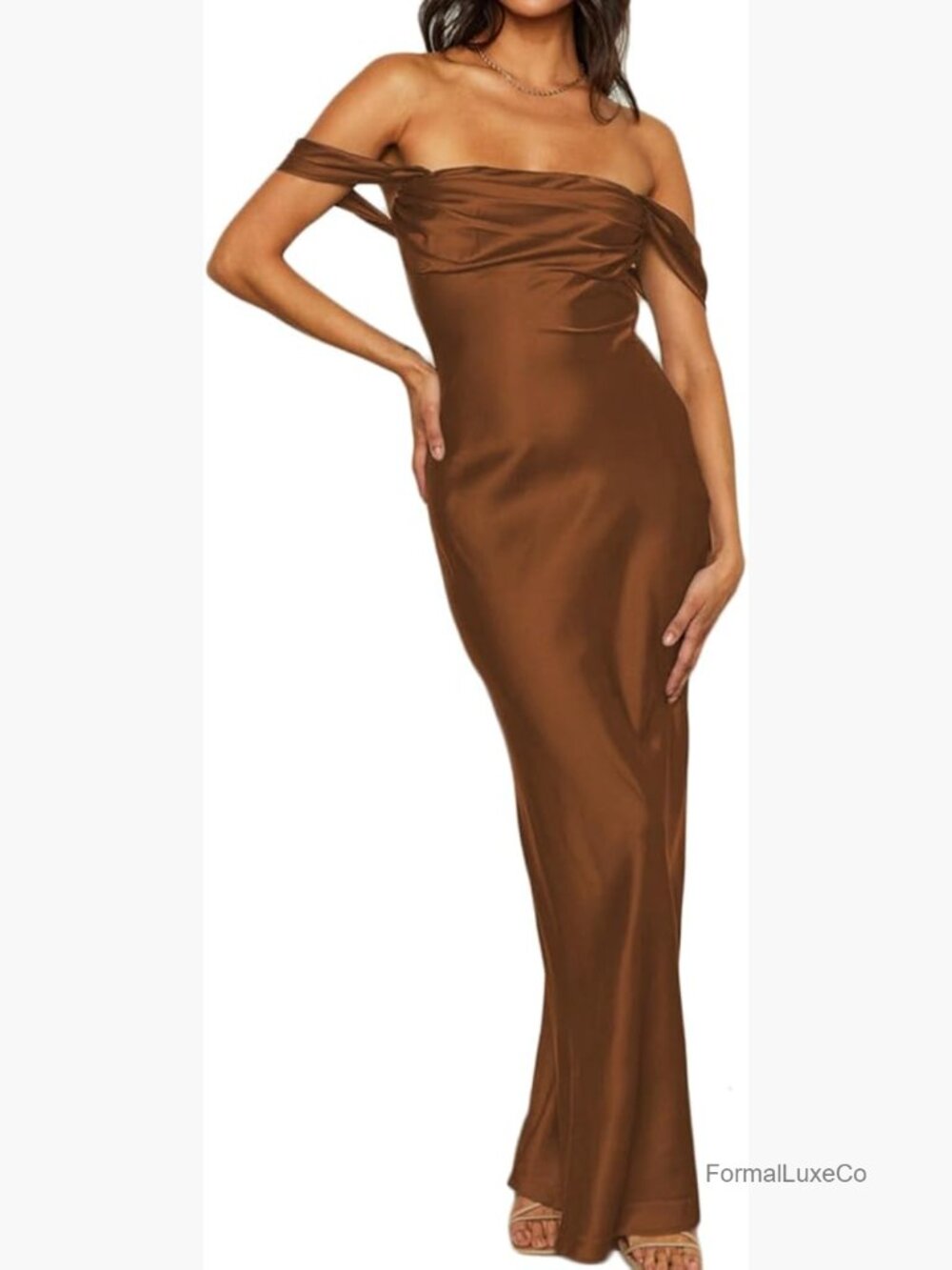 Elegant Satin Off Shoulder Ruched Backless Maxi Dress Formal